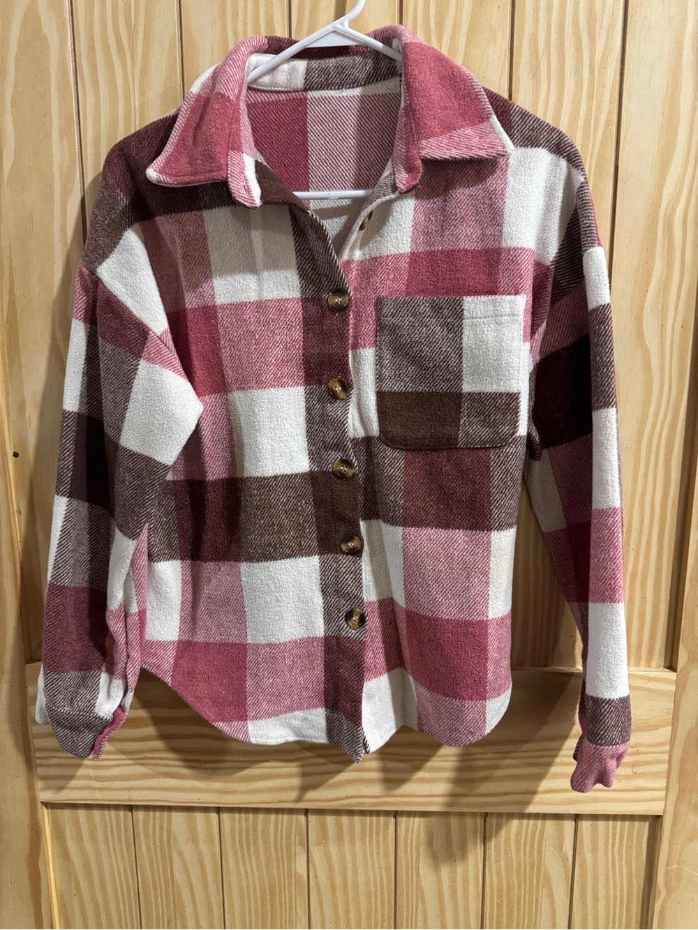 Brown, Pink and White cropped Flannel Shacket—Small
